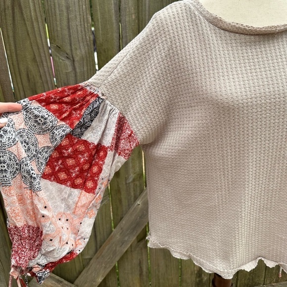 In Loom The Way You Move Mixed Media Boho Bandana Waffle Knit Loose Fit Top - Picture 5 of 16